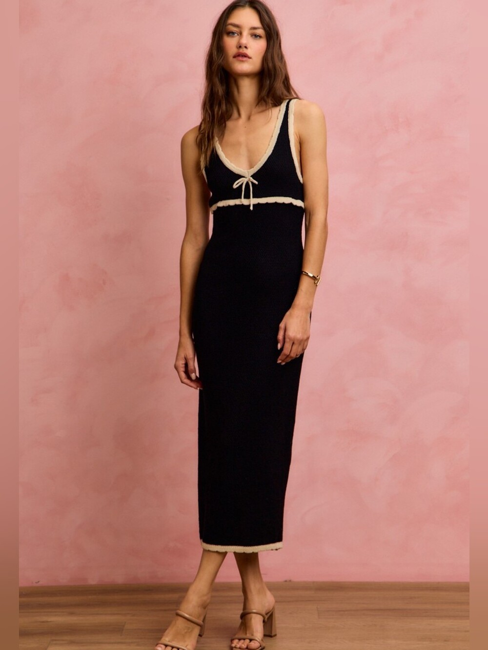 So Me Black Midi Knit Dress with Cream Trim